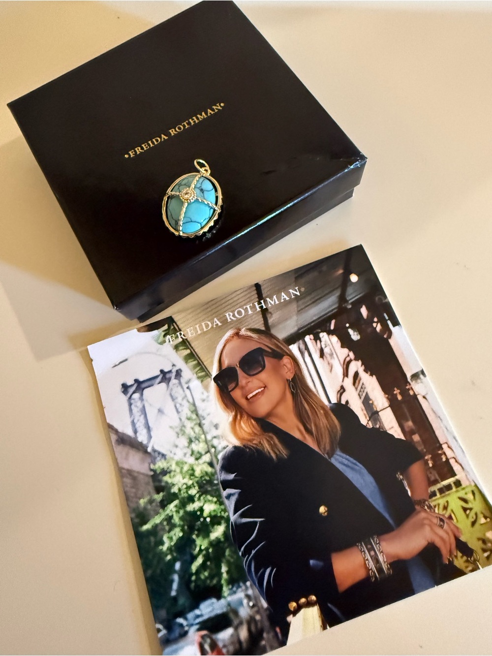 Studio by Freida Rothman Turquoise Oval Cage Pendant Charm Gold Tone Brass CZ